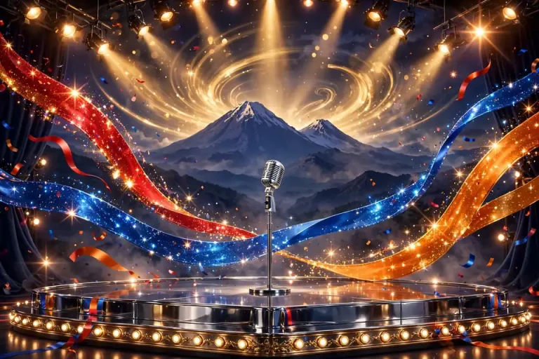 Glossy 3D render of a glamorous 1970s concert stage with Armenian flag-colored ribbons and a Mount Ararat silhouette representing Cher's Armenian heritage