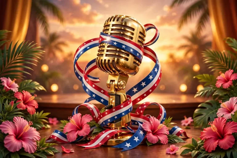 Glossy 3D render of a sparkling golden vintage microphone wrapped in Cuban flag-colored star ribbons with hibiscus flowers, celebrating Christina Milian's Afro-Cuban heritage