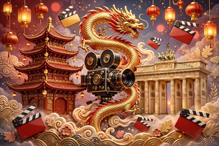 Glossy 3D illustration of Chinese and German heritage fusion with a pagoda, Brandenburg Gate, and vintage movie camera