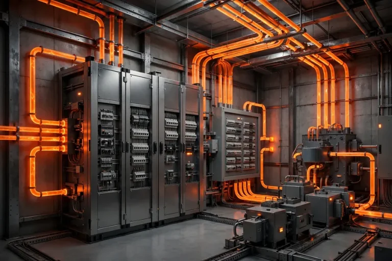 Commercial electrical bidding: breaker panel and switchgear with glowing conduits