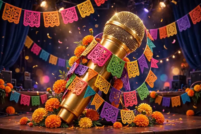 Glossy 3D render of a sparkling golden microphone wrapped in Mexican papel-picado banners and marigold flowers on a concert stage