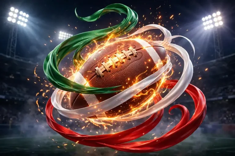 Glossy 3D American football glowing under stadium floodlights with Mexican flag-color ribbons, representing Diego Pavia's Mexican-American heritage