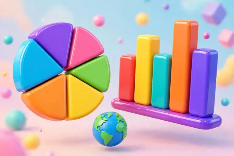 Glossy 3D render artwork for the ethnicity chart guide: colorful 3D pie chart, bar chart and globe
