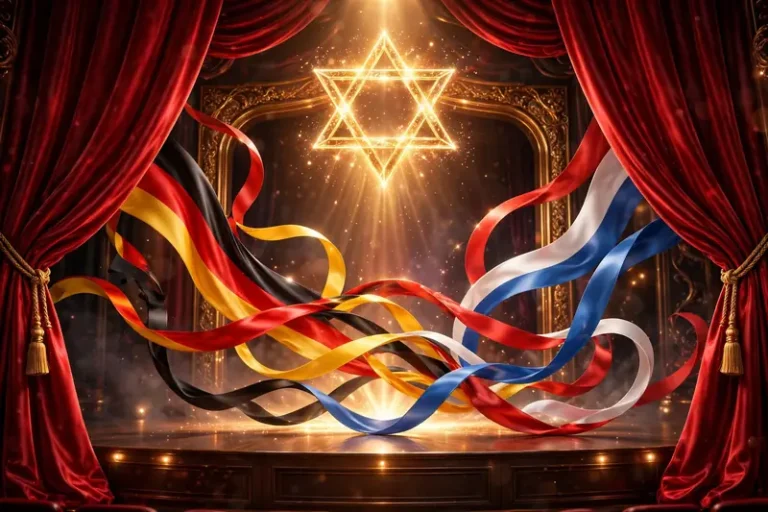 Glossy 3D render of a theatrical stage with a Star of David motif and German-Dutch flag ribbons, celebrating Ezra Miller's mixed heritage