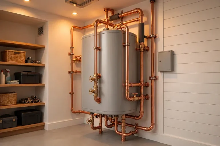 Water heater tank with copper pipes in a clean home utility room