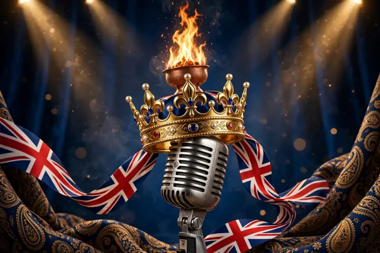 Glossy 3D render of a golden royal crown on a vintage stage microphone with a Zoroastrian sacred flame, Indian paisley patterns, and British flag-colored ribbons, symbolizing Freddie Mercury's Parsi heritage
