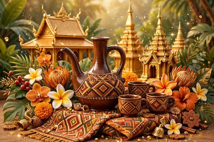 Glossy 3D illustration of Laotian and Ethiopian cultural fusion with temple spires, a coffee pot, and tropical flowers