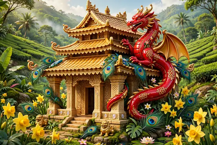 Glossy 3D illustration of Welsh and Sri Lankan cultural fusion with a red dragon, temple, peacock feathers, and tea gardens