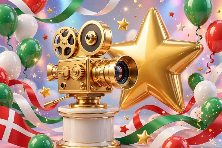 Glossy 3D illustration of a golden vintage film camera on a pedestal beside a large golden Hollywood star, surrounded by balloons and ribbons in Mexican green-white-red and Danish red-and-white colors.