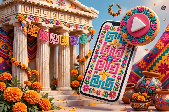 Glossy 3D illustration of Greek and Mexican cultural fusion with Parthenon columns, folk art, and a smartphone