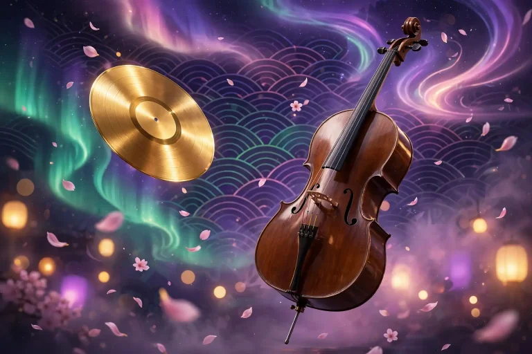 Glossy 3D render of a vinyl record and cello under an aurora sky with cherry blossom petals, representing Laufey's Icelandic and Chinese heritage