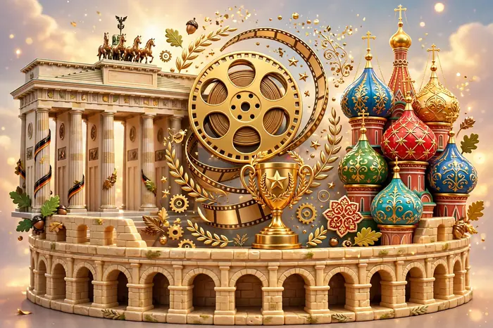 Glossy 3D illustration of German, Italian, and Russian heritage fusion with Brandenburg Gate, Colosseum, and onion domes