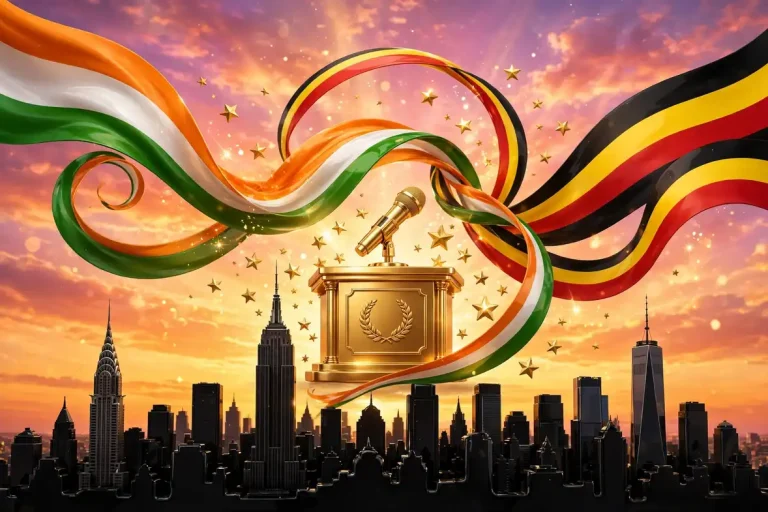 Glossy 3D render of a New York City skyline with swirling Indian and Ugandan flag-colored ribbons around a golden microphone and mayoral podium, symbolizing Zohran Mamdani's Indian-African heritage