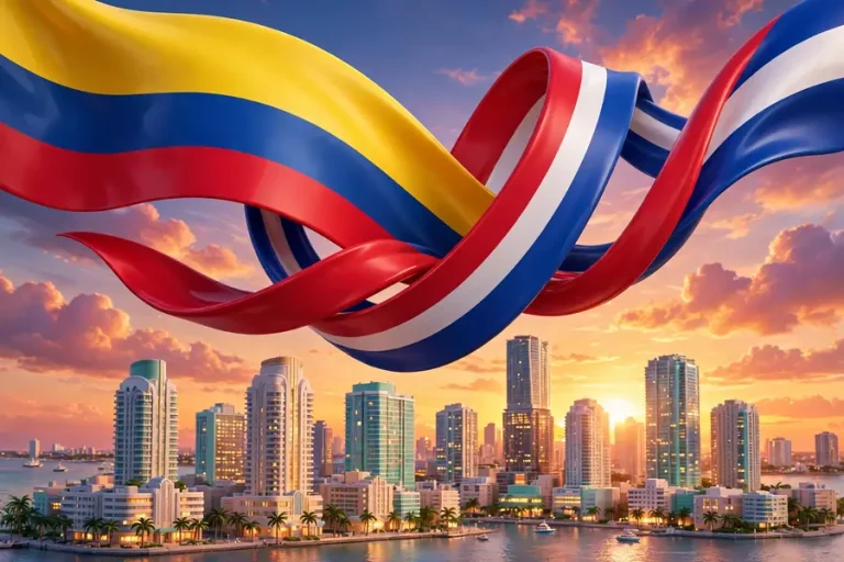 Glossy 3D render artwork for Jeanette Rubio's ethnicity: Colombian and Cuban flag color ribbons intertwined over a Miami skyline