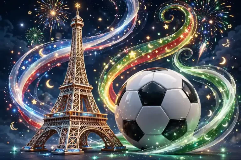 3D illustration of the Eiffel Tower and a soccer ball with star and crescent motifs for Kylian Mbappe's French, Cameroonian and Algerian heritage