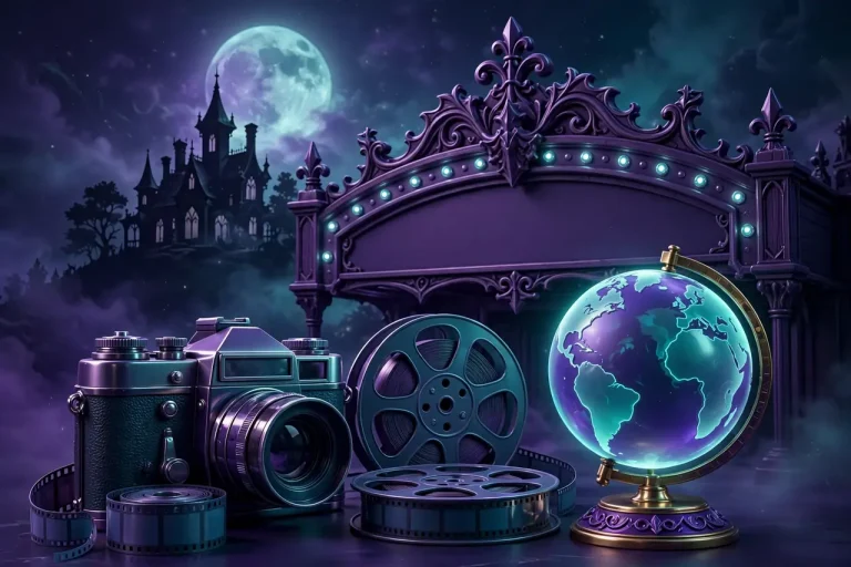 Glossy 3D render of a vintage film camera and film reels beside a glowing globe with a gothic theater marquee and full moon over a mansion silhouette, evoking Mia Goth's horror career
