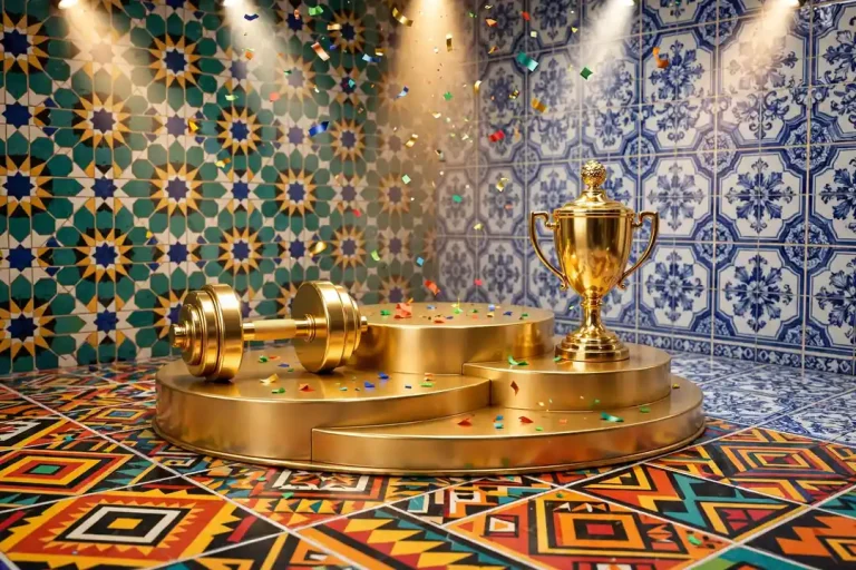 Glossy 3D render of a golden dumbbell and trophy on a winner's podium with Moroccan mosaic, Portuguese azulejo and Angolan geometric patterns, celebrating Miguel Harichi's heritage and fitness career