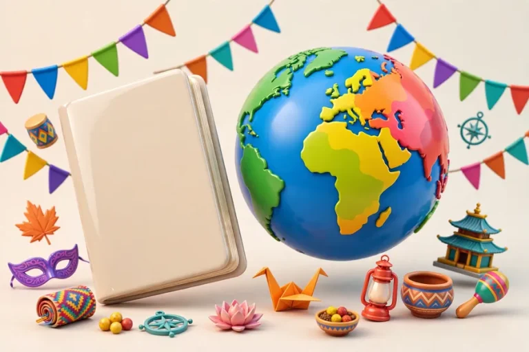 Glossy 3D illustration of a passport and colorful globe surrounded by festive flags and cultural icons, symbolizing nationality versus ethnicity.