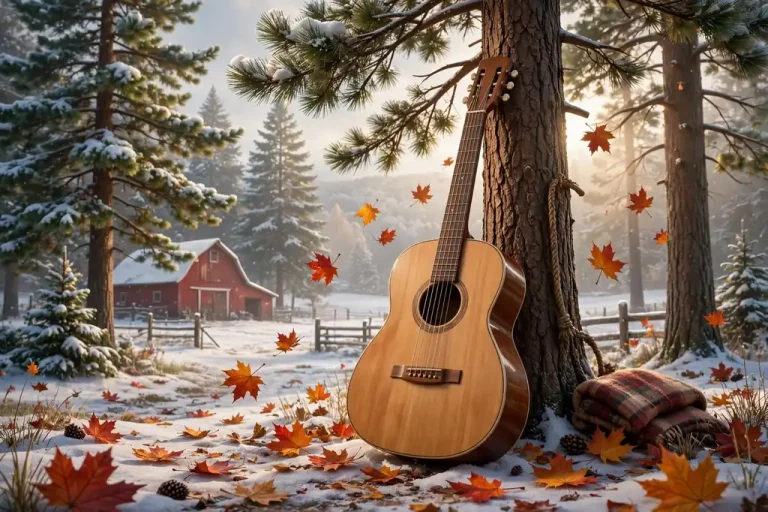 Glossy 3D render of an acoustic guitar leaning against pine trees on a snowy Vermont farm with a red barn and falling maple leaves