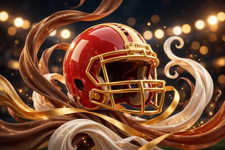 Glossy 3D football helmet in red and gold with swirling ribbons celebrating Patrick Mahomes' biracial heritage