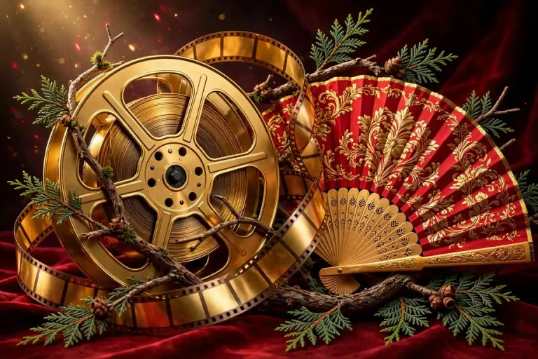 Glossy 3D render of a golden film reel with Lebanese cedar branches and a Spanish hand fan