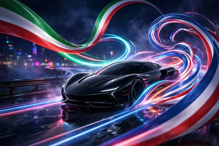 Glossy 3D illustration of a black sports car with neon light trails on a cinematic night road, with swirling ribbons in Italian and American flag colors
