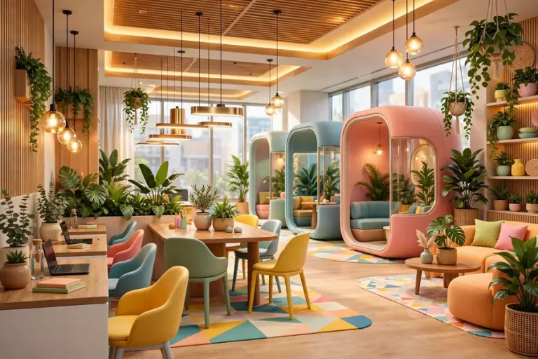 3D illustration of a modern open-plan office with work zones, meeting pods and plants