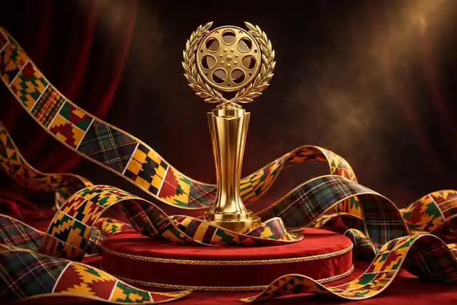 Glossy 3D golden film award statuette on a red-carpet stage, decorated with African kente-pattern and German-Scottish tartan ribbons, illustrating Zendaya's mixed heritage