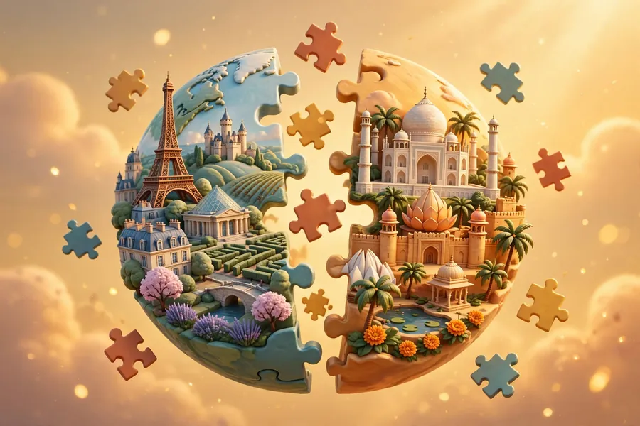 Marion Cotillard and Azim Premji heritage France India 3D globe illustration