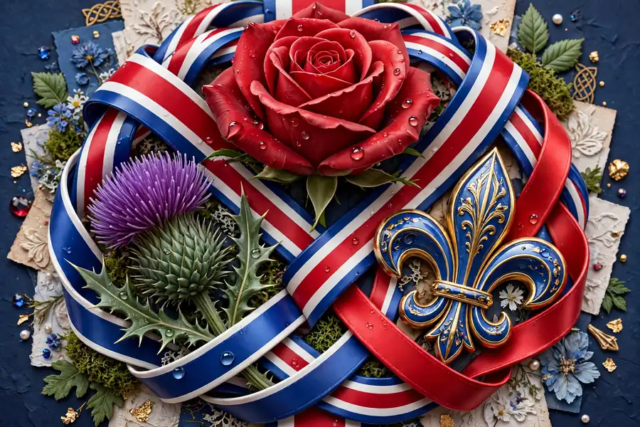 3D illustration of British Isles heritage motifs with a rose, thistle and fleur-de-lis, for Miranda Kerr's ancestry