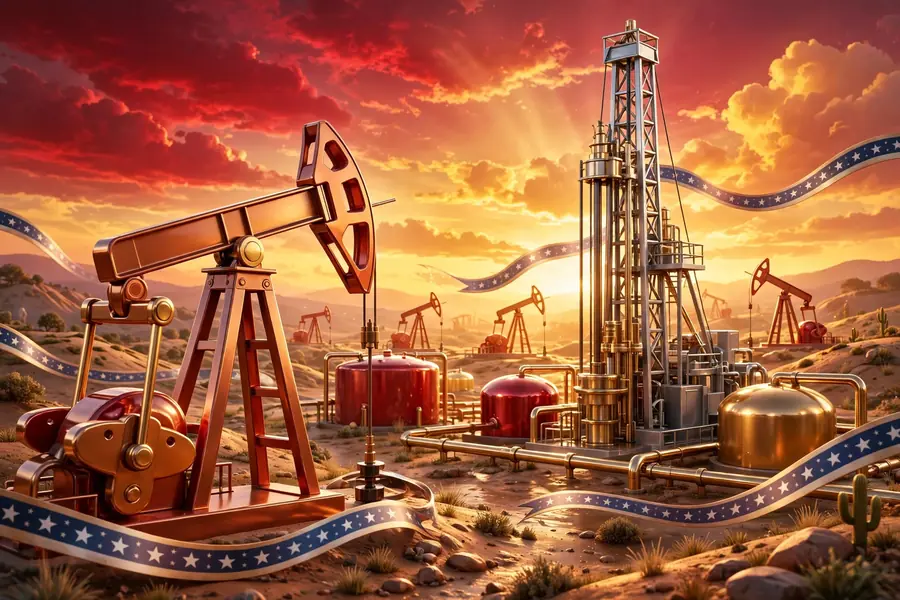 3D illustration of an American oil field at sunset with pumpjacks and drilling rigs, for Vicki Hollub's background