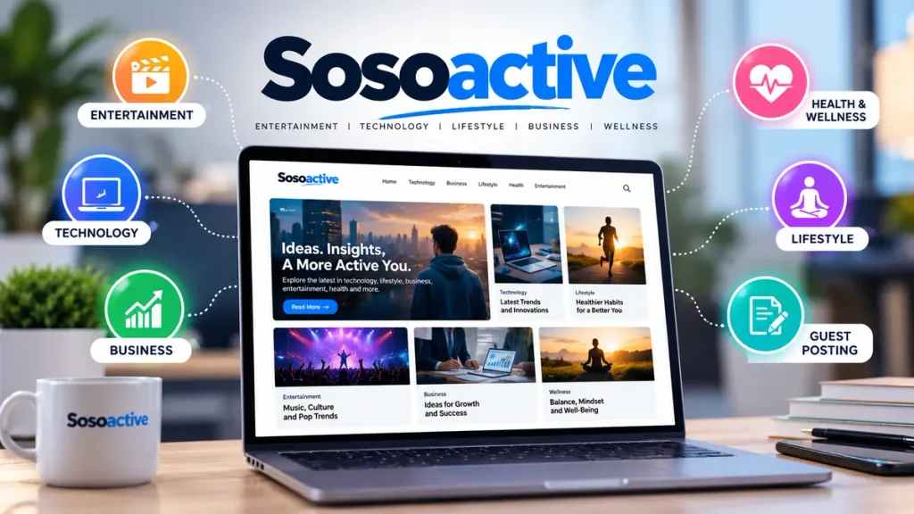 Sosoactive digital media platform featuring technology, entertainment, lifestyle, business, wellness, and guest posting.