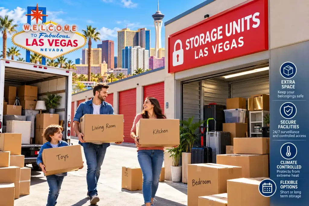 Family moving boxes into storage units in Las Vegas